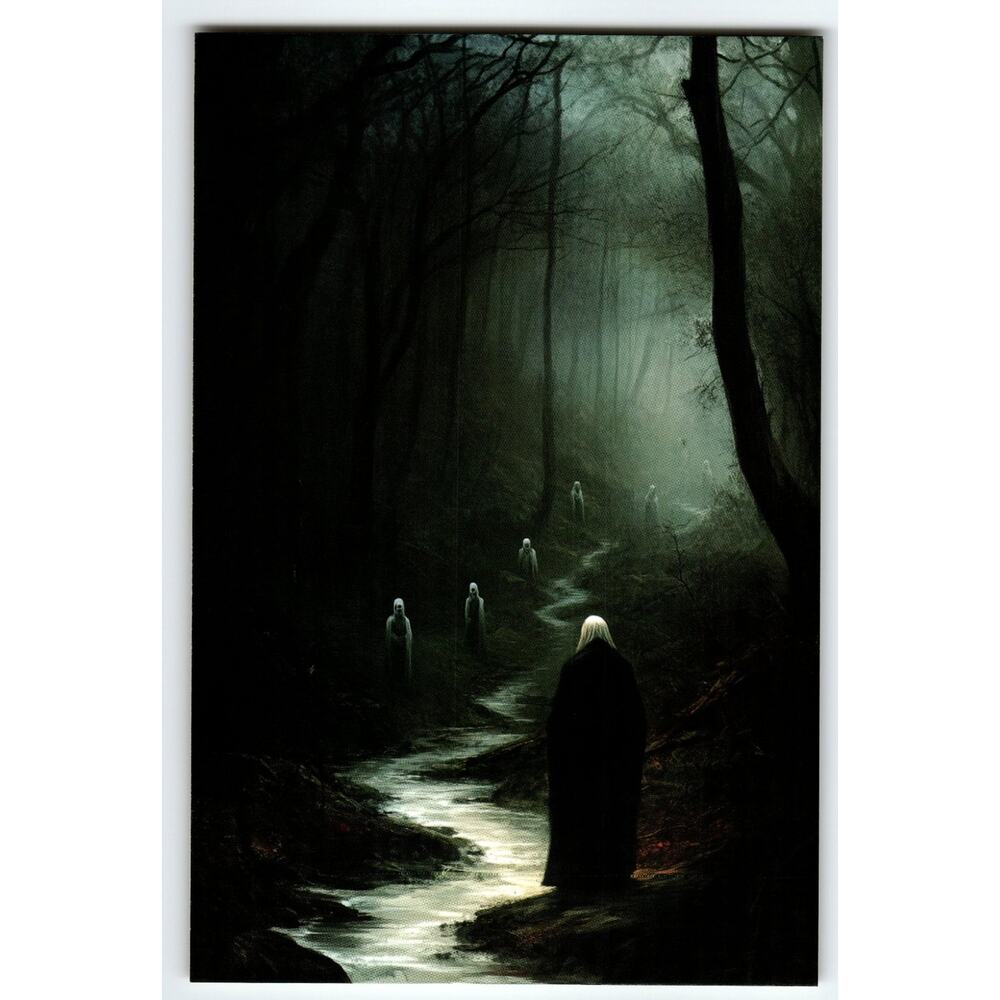 Dark Forest Path with Ghostly Figures Photochrome Postcard 5.5x4"